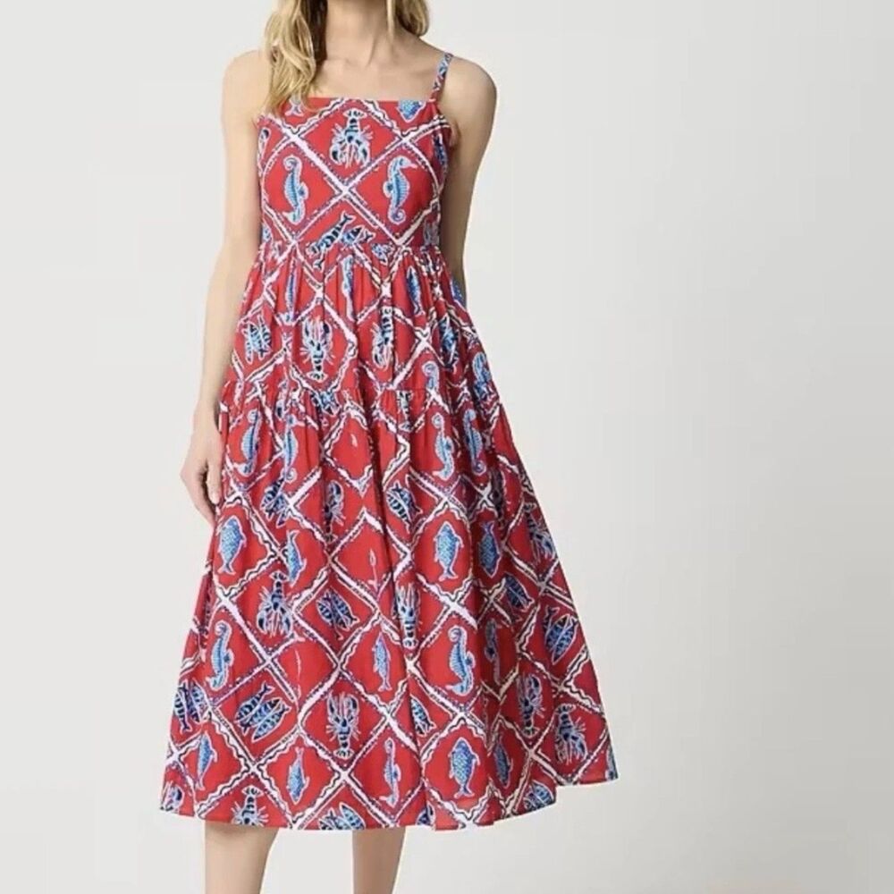 J.Crew Red Blue Lobster Seahorse Fish Nautical Tiered Cotton Midi Sundress Sz 6